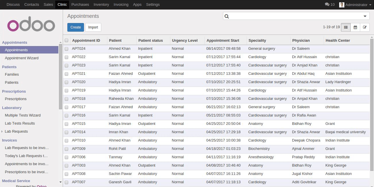 screenshot of odoo clinic management software